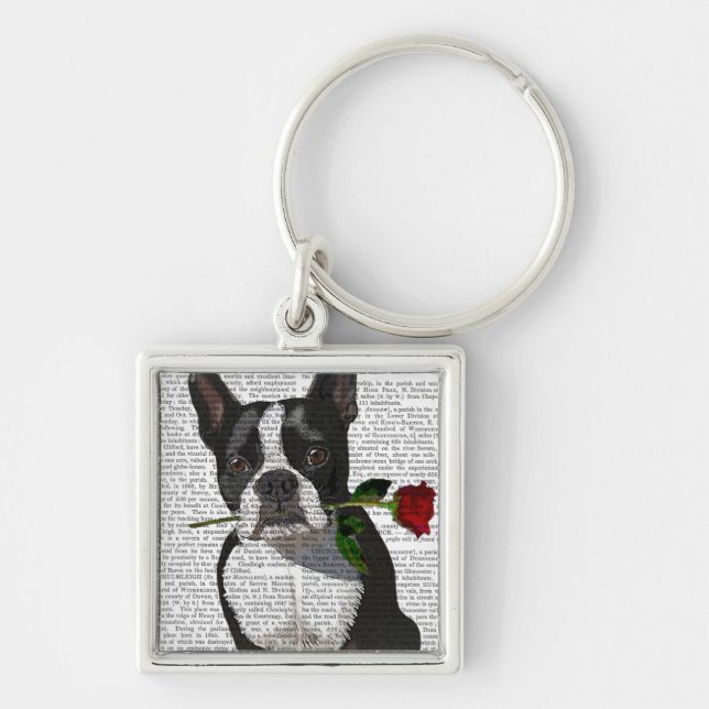 Boston Terrier with Rose in Mouth Key Ring (Front)