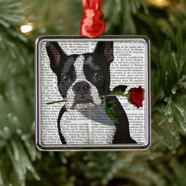 Boston Terrier with Rose in Mouth Metal Tree Decoration (Tree)