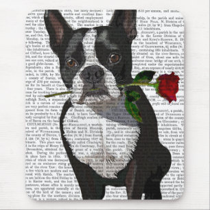 Boston Terrier with Rose in Mouth Mouse Mat