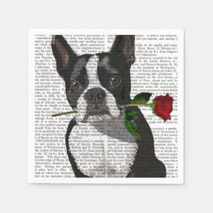 Boston Terrier with Rose in Mouth Napkin