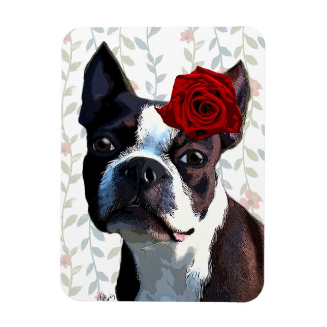 Boston Terrier with Rose on Head 2 Magnet (Vertical)