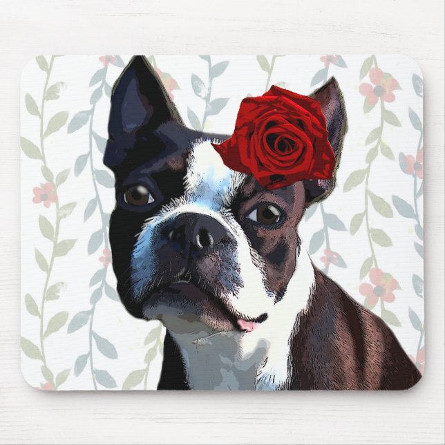 Boston Terrier with Rose on Head 2 Mouse Mat (Front)