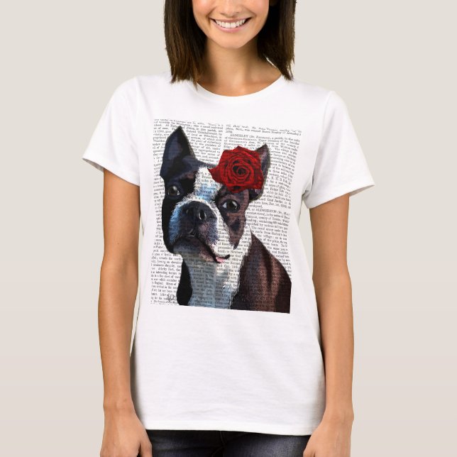 Boston Terrier with Rose on Head T-Shirt (Front)