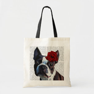 Boston Terrier with Rose on Head Tote Bag