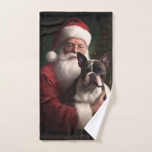 Boston Terrier With Santa Claus Festive Christmas Bath Towel Set