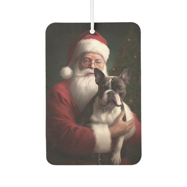 Boston Terrier With Santa Claus Festive Christmas Car Air Freshener (Front)