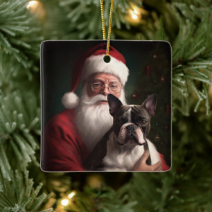 Boston Terrier With Santa Claus Festive Christmas Ceramic Ornament