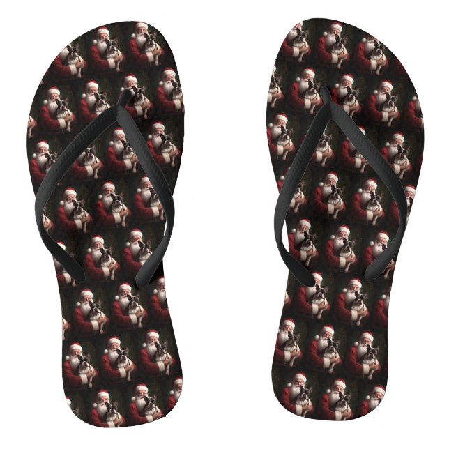 Boston Terrier With Santa Claus Festive Christmas Flip Flops (Footbed)