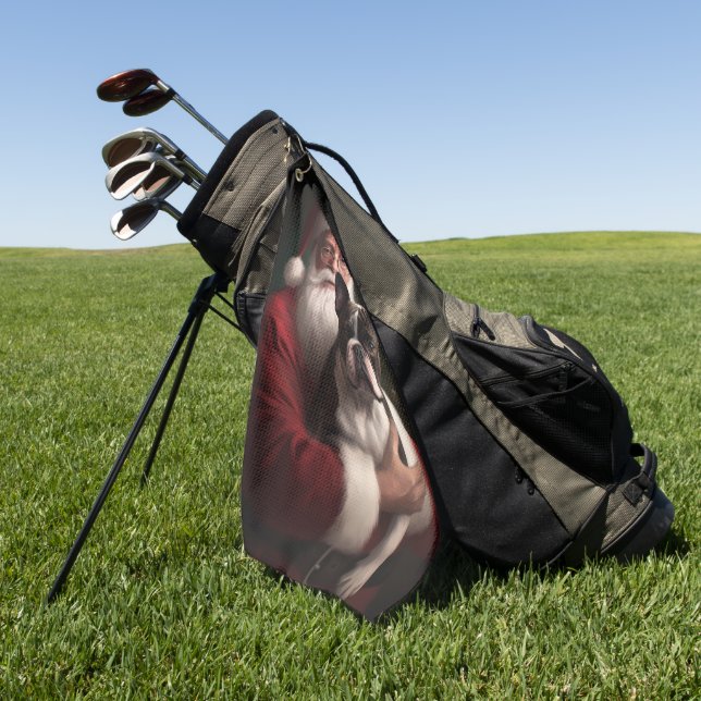 Boston Terrier With Santa Claus Festive Christmas Golf Towel (Green)