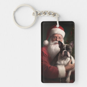 Boston Terrier With Santa Claus Festive Christmas Key Ring