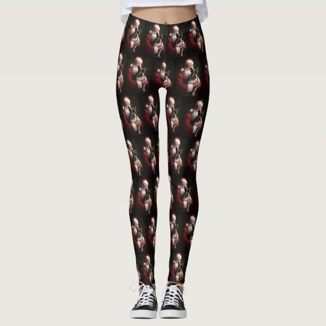 Boston Terrier With Santa Claus Festive Christmas Leggings (Front)