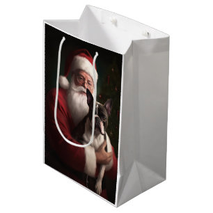 Boston Terrier With Santa Claus Festive Christmas Medium Gift Bag