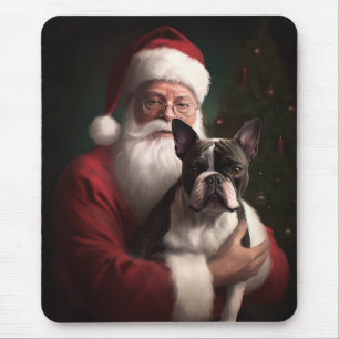 Boston Terrier With Santa Claus Festive Christmas Mouse Mat