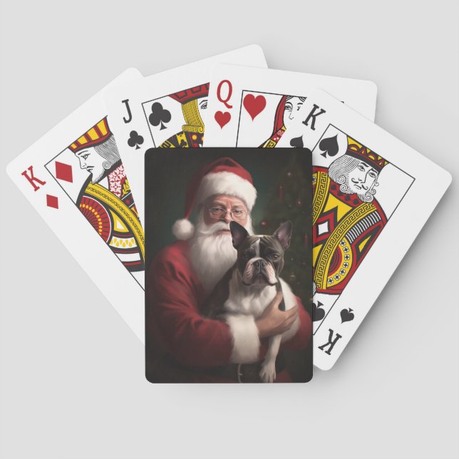 Boston Terrier With Santa Claus Festive Christmas Playing Cards (Back)