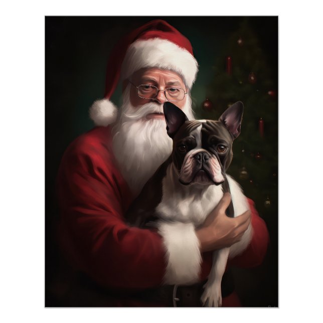 Boston Terrier With Santa Claus Festive Christmas Poster (Front)