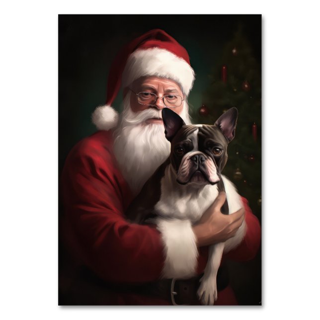 Boston Terrier With Santa Claus Festive Christmas Table Number (Front)
