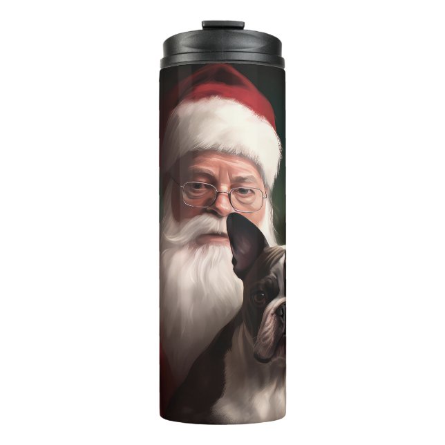Boston Terrier With Santa Claus Festive Christmas Thermal Tumbler (Front)