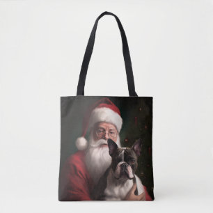 Boston Terrier With Santa Claus Festive Christmas Tote Bag