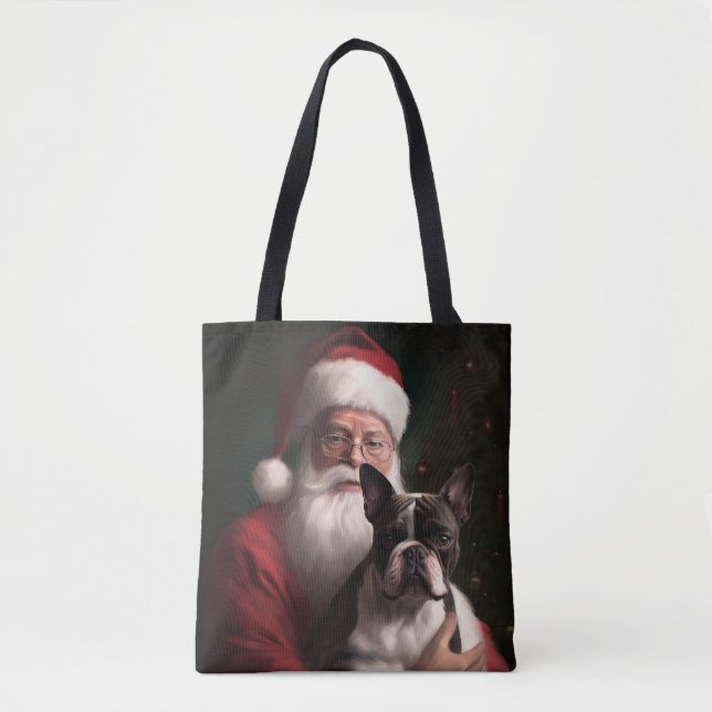 Boston Terrier With Santa Claus Festive Christmas Tote Bag (Front)