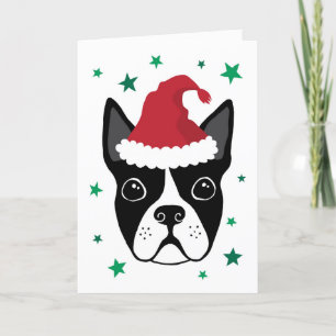 Boston terrier with Santa hat Christmas card