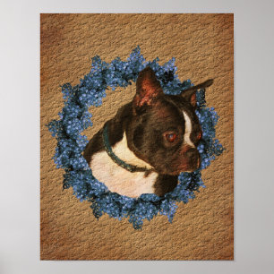 Boston Terrier Wreath Aged Paper Art Poster