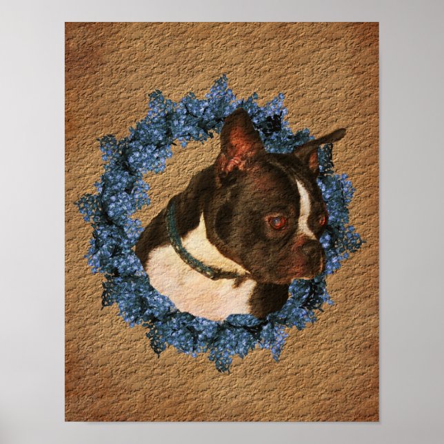 Boston Terrier Wreath Aged Paper Art Poster (Front)