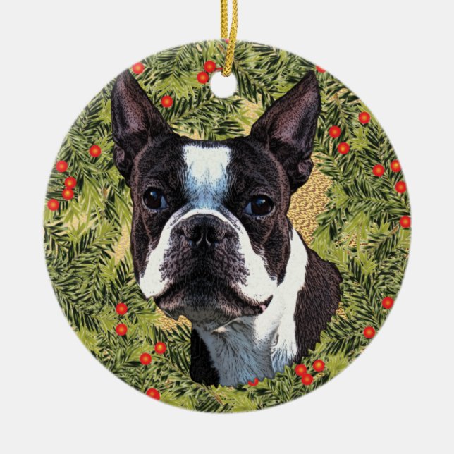 Boston Terrier Wreath Ceramic Tree Decoration (Front)