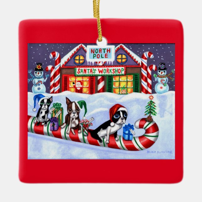Boston Terriers Candy Cane Santa Christmas Snowman Ceramic Ornament (Front)