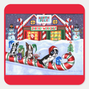 Boston Terriers Candy Cane Santa Christmas Snowman Square Sticker