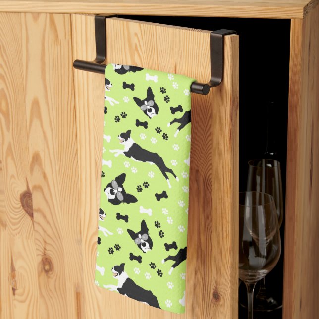 Boston Terriers Green Dog Pattern Tea Towel (Thirds Fold)