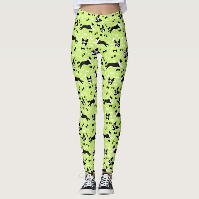 Boston Terriers Green Pattern Leggings (Front)