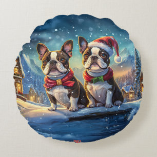 Boston Terriers Holiday Design By Rich AMeN Gill Round Cushion