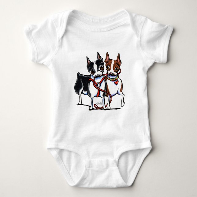 Boston Terriers Leashed Baby Bodysuit (Front)