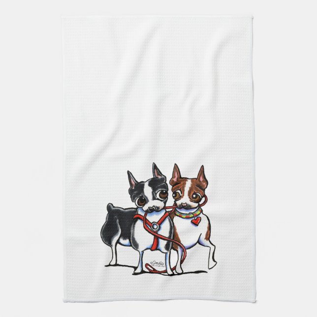 Boston Terriers Leashed Tea Towel (Vertical)