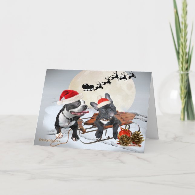 Boston Terriers Santa and Reindeer  Card (Front)