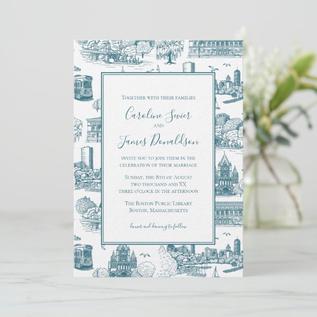 Boston Toile (Anniversary Ed.) Blue/White Invitation (Standing Front)