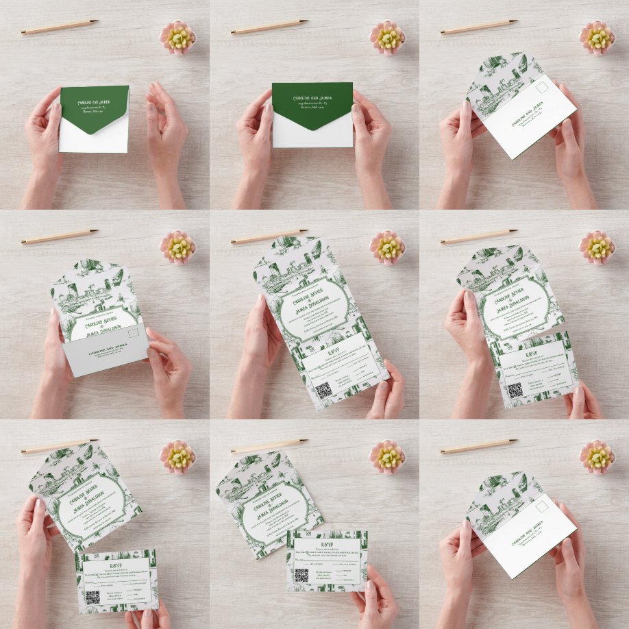 Boston Toile Forest Green AllinOne Wedding Invite