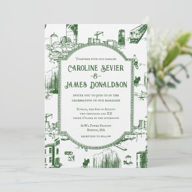 Boston Toile Forest Green Wedding Invitation (Standing Front)