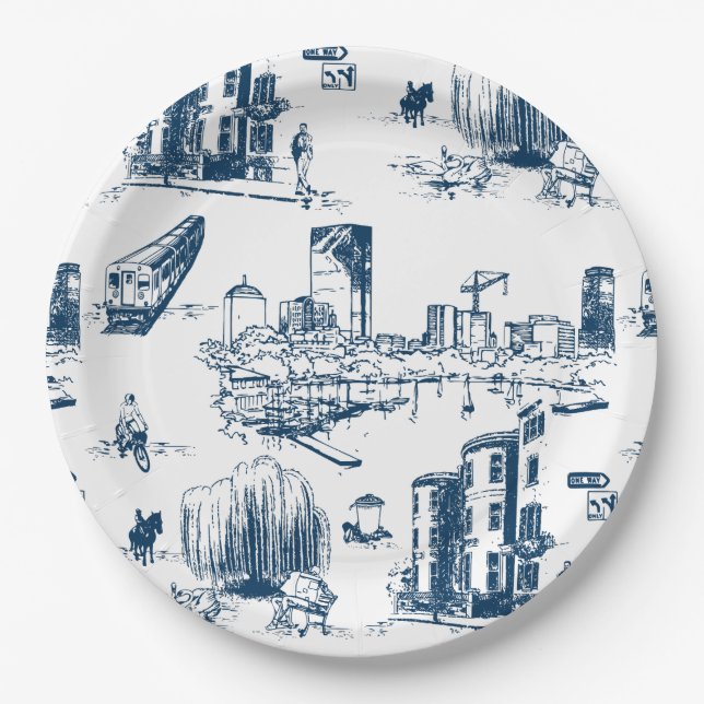 Boston Toile Navy Paper Plate (Front)