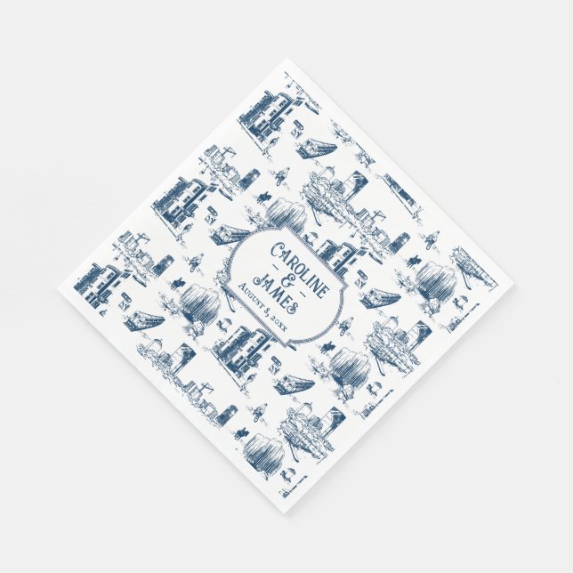 Boston Toile Navy Personalised Paper Napkins (Corner)