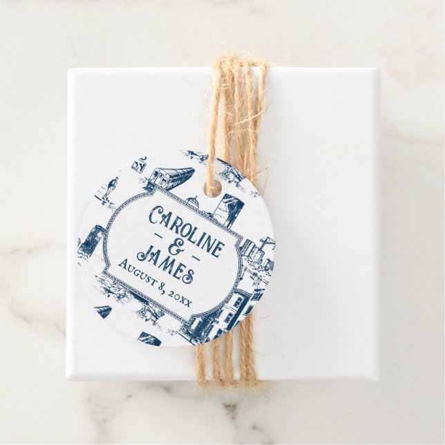 Boston Toile Navy Personalised Wedding Favour Tag (In Situ)