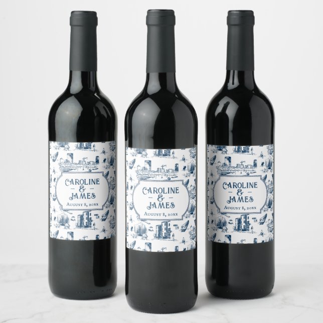 Boston Toile Navy Personalised Wedding Wine Label (Bottles)