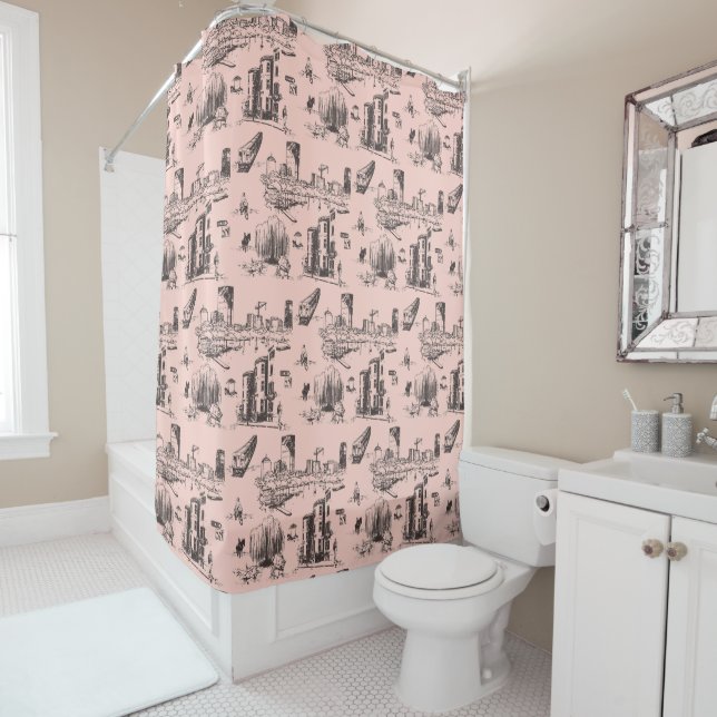 Boston Toile Pink and Black Shower Curtain (In Situ)