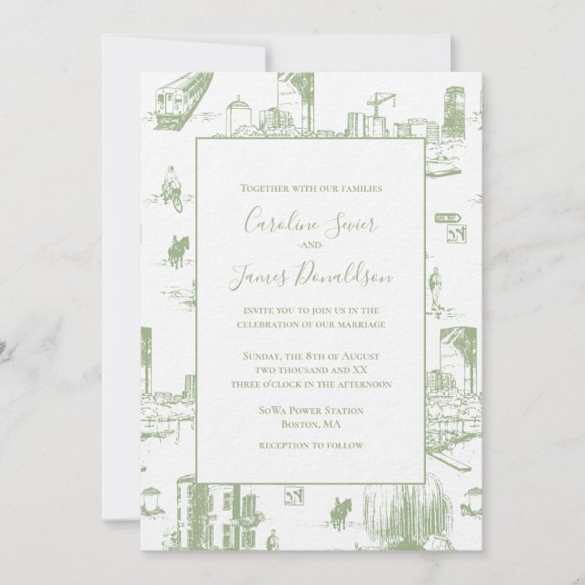 Boston Toile Sage Green Wedding Invitation (Front)