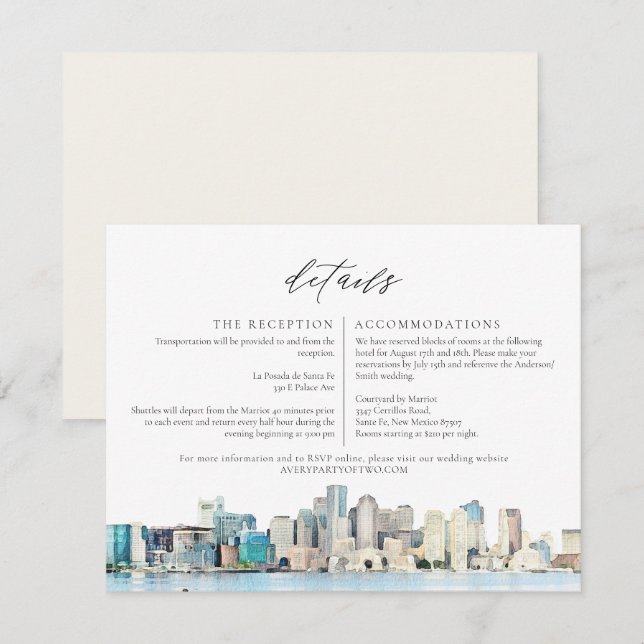 BOSTON Watercolor Skyline Travel Details Card (Front/Back)