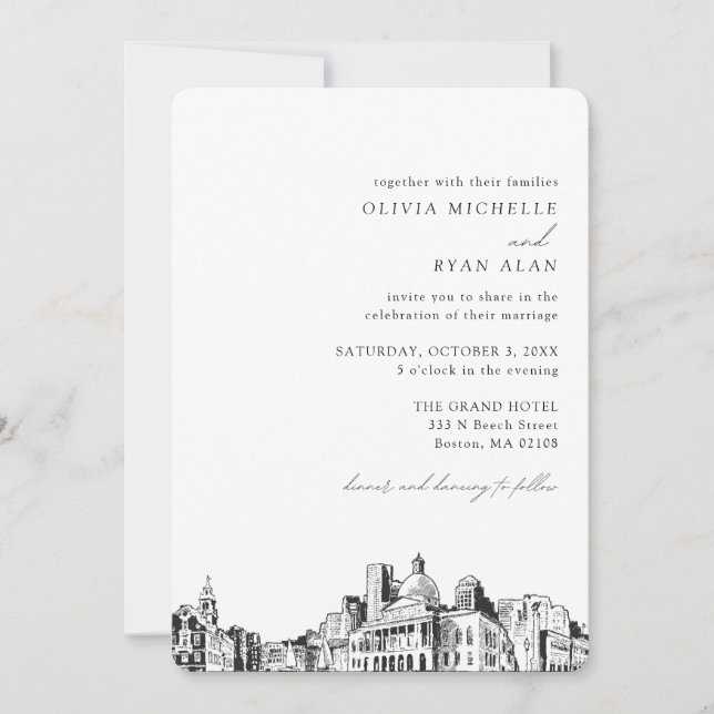 Boston Wedding Elegant Skyline Invitation (Front)