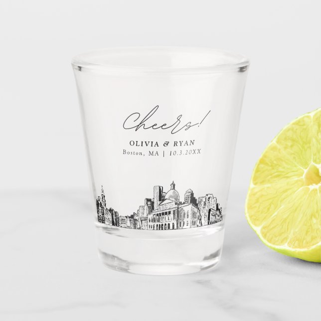 Boston Wedding Favour Personalised Cheers Shot Glass (Front)