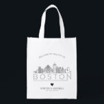 Boston Wedding | Stylised Skyline Reusable Grocery Bag<br><div class="desc">A unique wedding bag for a wedding taking place in the beautiful and historic city of Boston.  This bag features a stylised illustration of the city's unique skyline with its name underneath.  This is followed by your wedding day information in a matching open lined style.</div>