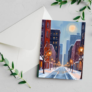 Boston Winter Massachusetts City Watercolor Card
