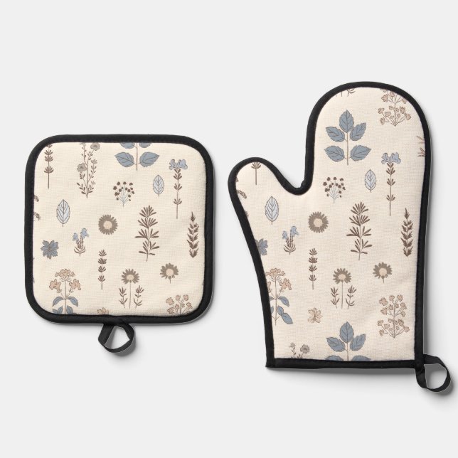 Botani Cook Blue Brown Silver Quilted Oven Mitt & Pot Holder Set (Front)